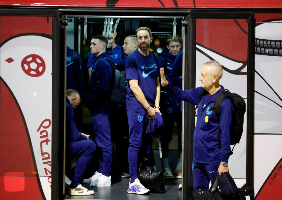 The player and manager Gareth Southgate looked happy and relaxed as they touched down at in Doha’s Hamad International Airport