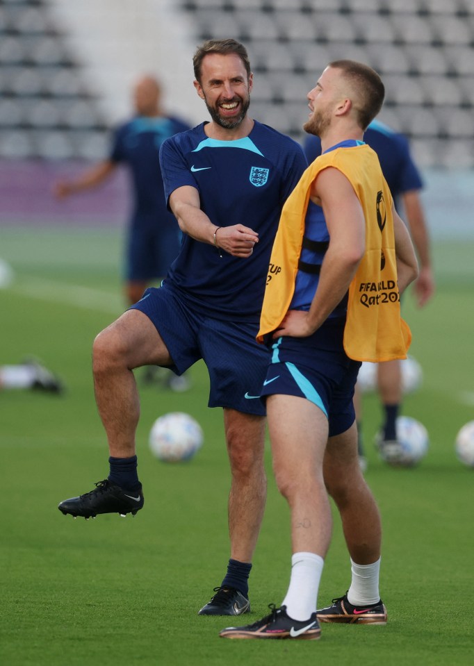 Manager Gareth Southgate and Eric Dier in training ahead of England's opening game