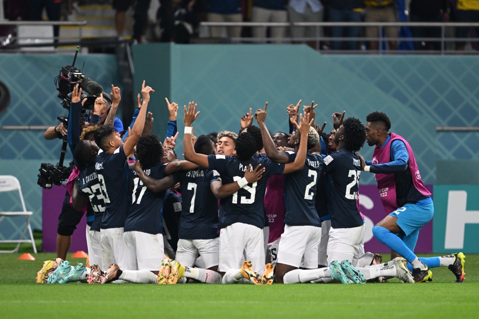 Ecuador players celebrate after their equaliser against Holland