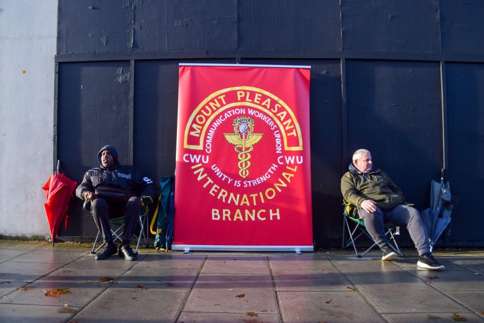 Picket line outside the Mount Pleasant Mail Centre as Royal Mail workers in the UK continue their strikes over pay