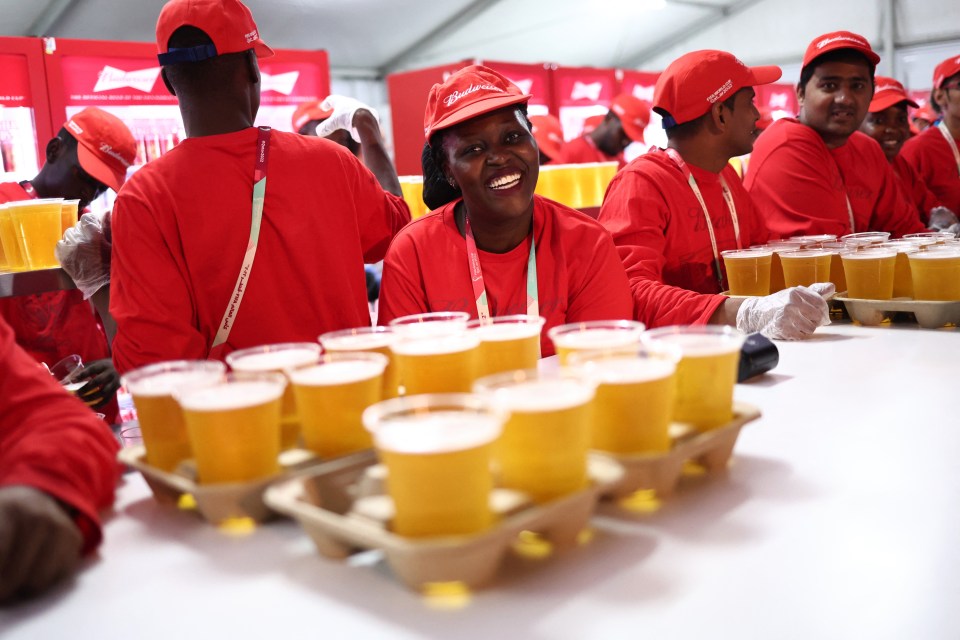 Beer on sale at the Budweiser bar during the opening of the fan festival in the Al Bidda Park in Doha on Saturday