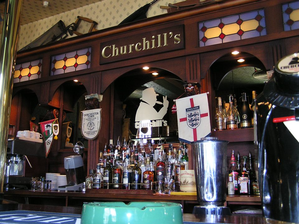 An England banner flies behind the bar in Churchill's