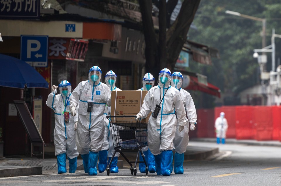 Hazmat-clad lockdown enforcers out in the deserted streets