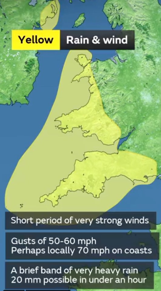 The latest weather warning from the Met Office covers parts of Northern Ireland, West Wales and southwest England