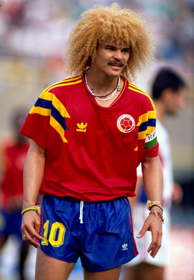 Carlos Valderrama, 61, still has his long locks - although they've since turned grey