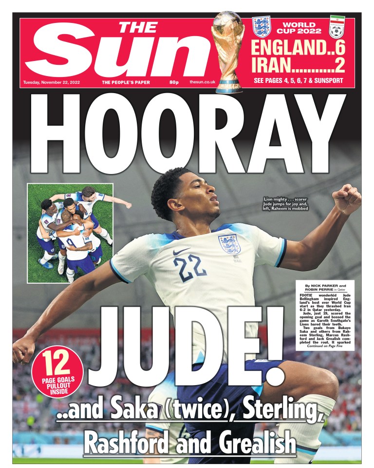 The Sun reported on Jude leading England to thrash Iran 6-2 in their opening game