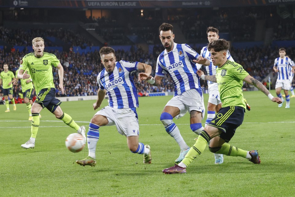 Real Sociedad defender Andoni Gorosabel can't stop Alejandro Garnacho firing the winner with his first goal for Man Utd