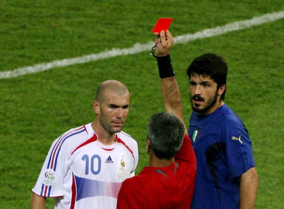 Zinedine Zidane is shown a red card in the 2006 World Cup final against Italy