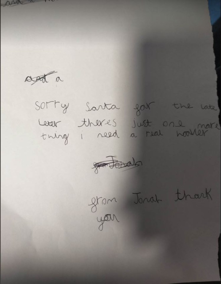 Tara Louise was left howling when she found seven-year-old Jonah’s handwritten note to Saint Nick