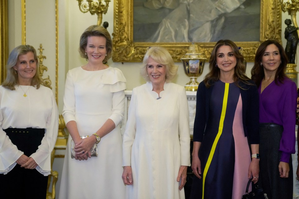 Sophie, the Countess of Wessex, Belgium’s Queen Mathilde, Queen Camilla, Jordan’s Queen Rania and Denmark’s Crown Princess Mary during the reception