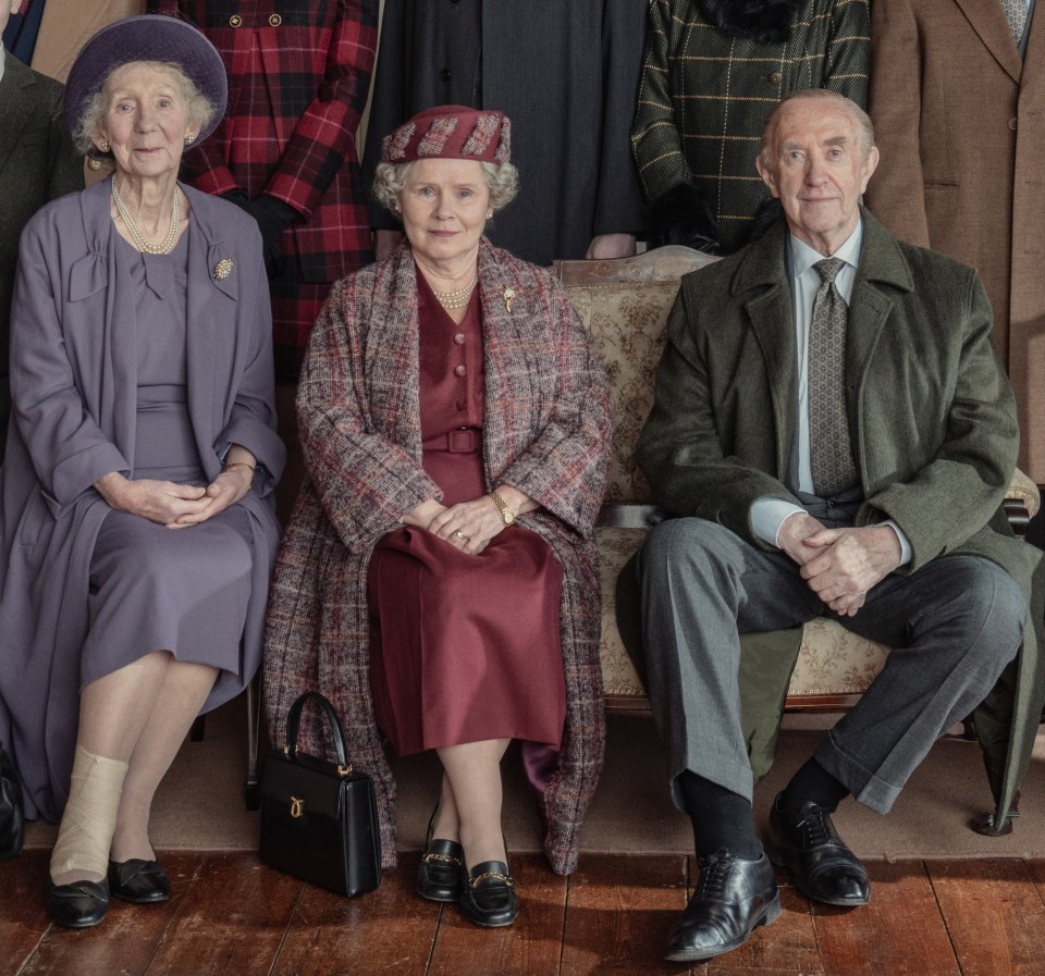 Marcia Warren as the Queen Mum, pictured with Imelda Staunton as the Queen and Jonathan Pryce as Prince Philip