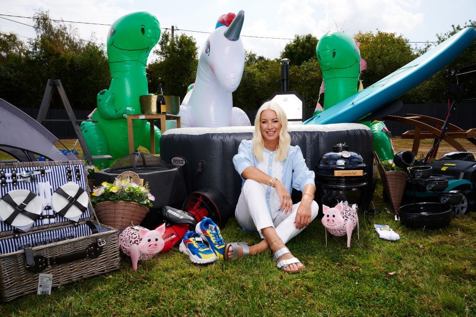 Denise surrounded by products from Aldi and Lidl, as she’s presenting a new C4 series about our obsession with random bargains found in the stores’ famous middle aisles