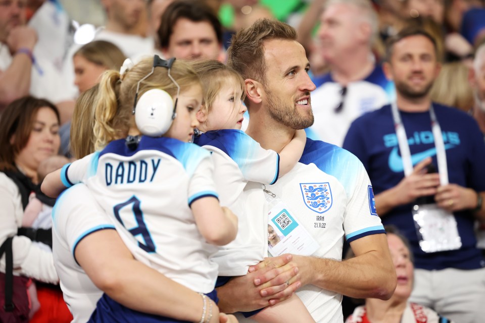 Captain Harry Kane celebrates England’s thumping win with daughters Ivy and Vivienne Jane, and wife Katie