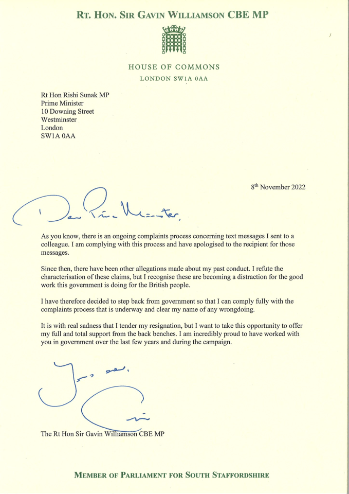 Sir Gavin's letter to the PM