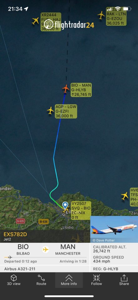 Jet2 flight LS782, seen back on track for Manchester, was diverted to Bilbao due to the toilets being broken