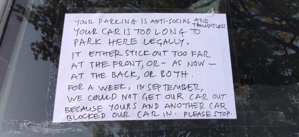 This lengthy note was left on a car windscreen in Muswell Hill, London