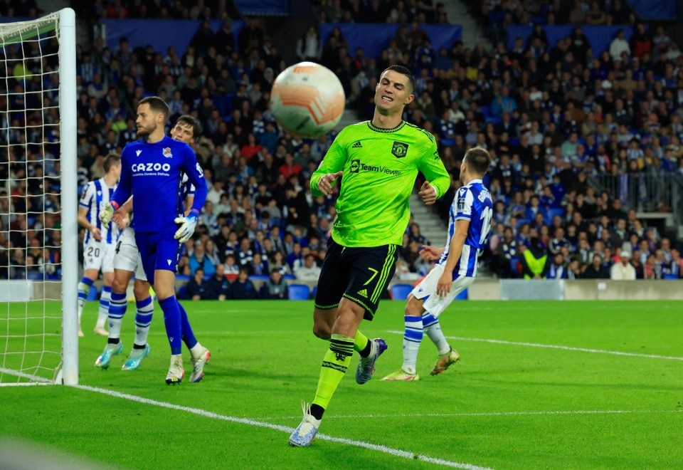 Cristiano Ronaldo sees the ball and top place slipping away for the Red Devils