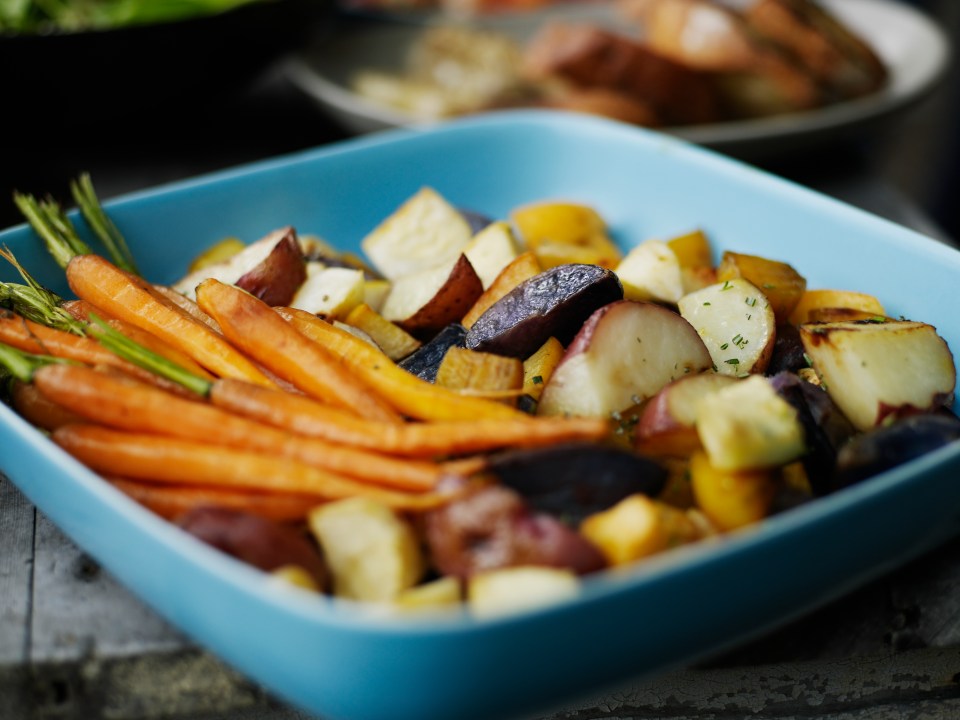 Vegetables can be prepped in advance so all you need to do is chuck them in the oven