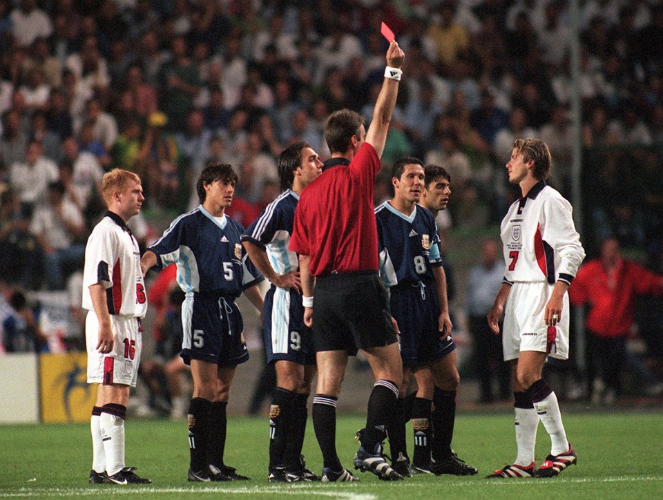 David Beckham is shown a red card against Argentina