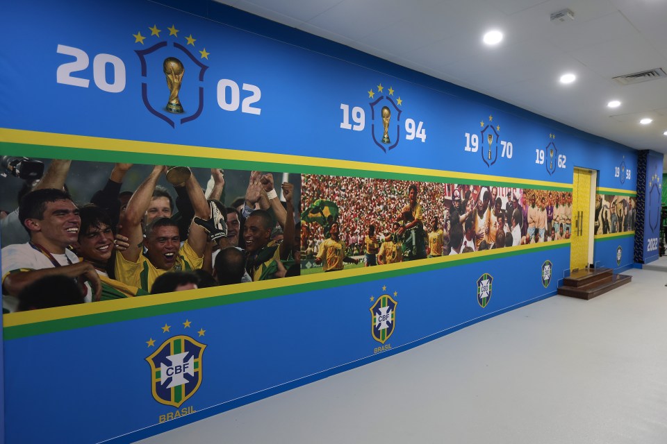 Brazil's training camp features a montage of their past World Cup successes