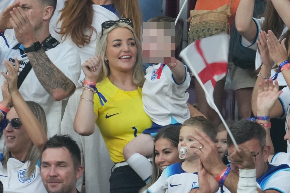 Jordan Pickford’s wife Megan Davison celebrated during England’s first-half goal spree