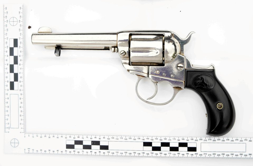 Officers seized a cowboy-style loaded handgun from the mobsters