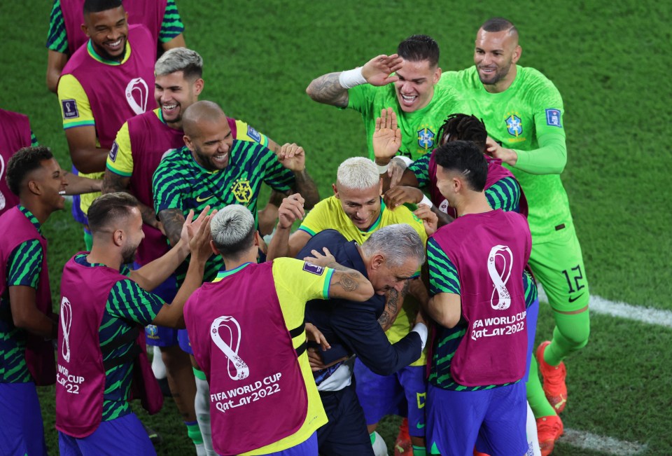 Manager Tite joined in the routine during the victory over South Korea