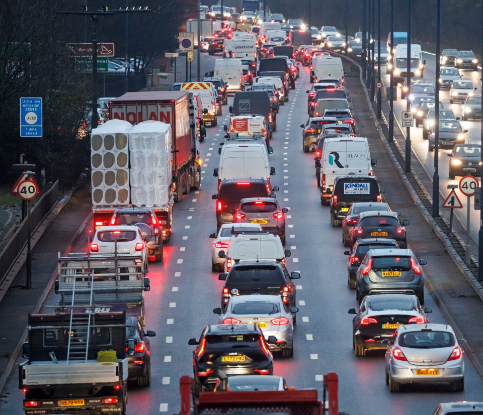 The roads were packed in London after bad weather and the train strike