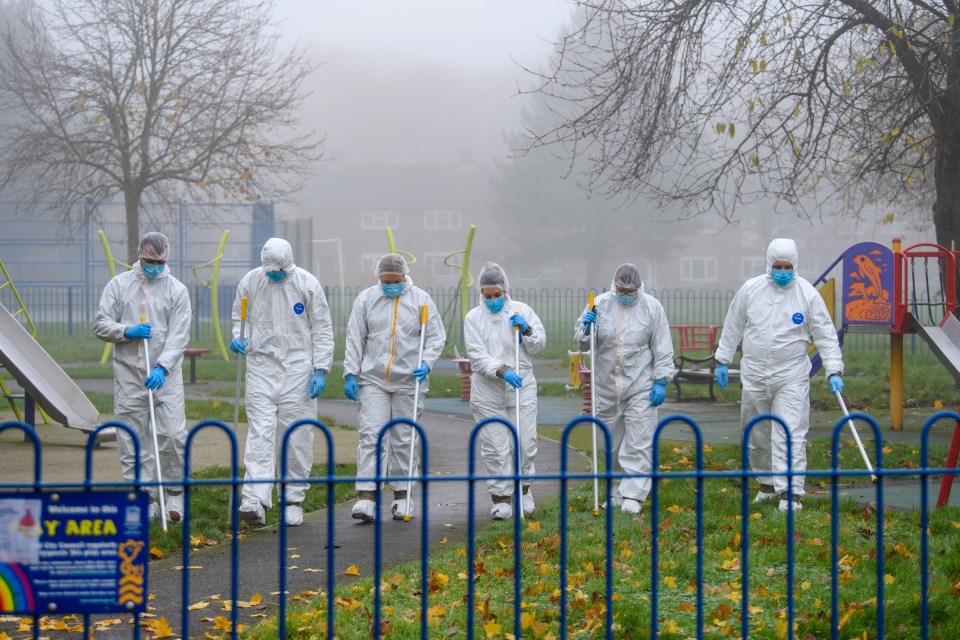 Forensic cops could be seen scouring a playground this morning after a man was allegedly murdered