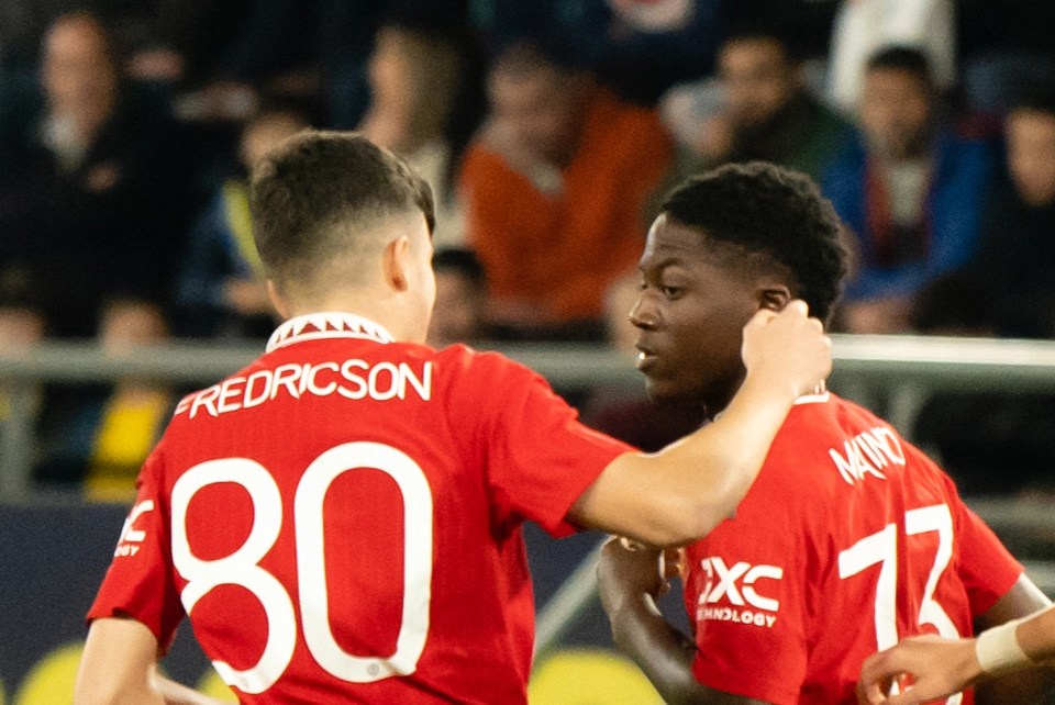 Youngster Kobbie Mainoo (right) scored his first goal for the club