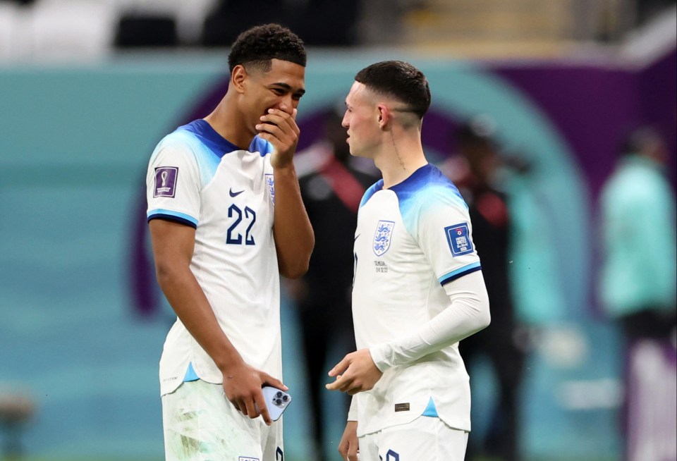 Manchester City ace Phil Foden pictured sharing a joke with Bellingham