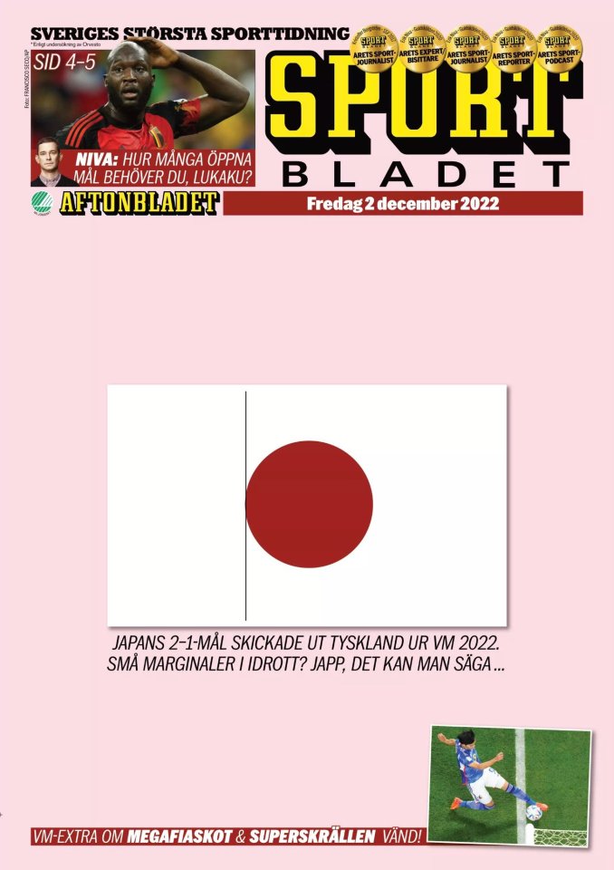 Sportbladet's December 2 edition put a line next to the red circle in Japan's flag