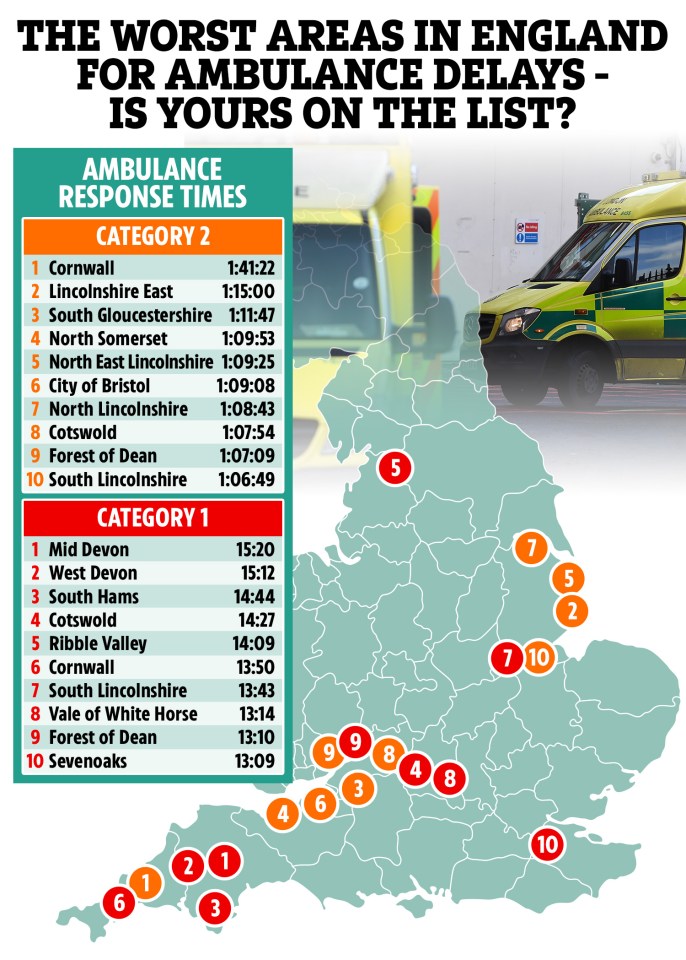 The chart above shows the areas worst hit by ambulance delays. A category 2 area should have a response time of 18 minutes. A category 1 area should have a response time of seven minutes