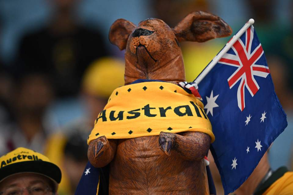 Australia supporters carry inflatable kangaroos as a national symbol