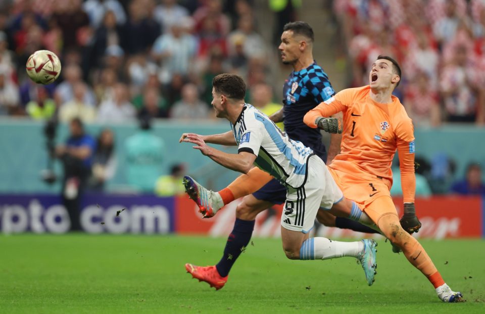 Croatia’s keeper Dominik Livakovic brought down Julian Alvarez for the spot kick