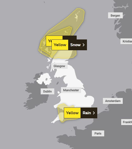 Weather warnings issued by the Met Office on New Year’s Eve