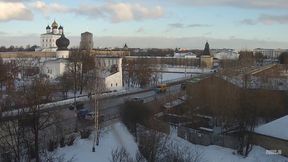 Pskov pictured on the morning of Putin's planned visit with clear skies