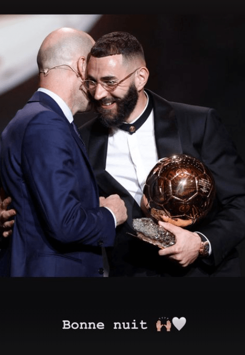 Benzema wrote 'Good night' alongside a snap of him and his Golden Ball