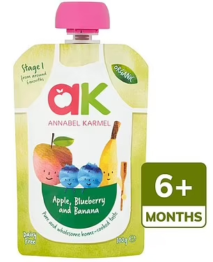 A pouch of Annabel Karmel's baby food contains 17.3g of sugar per 100g of puree