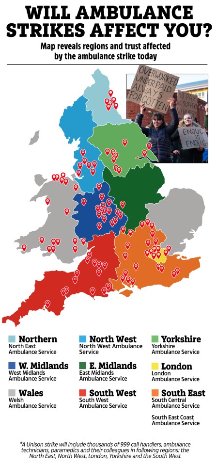 The map above shows the ambulance trusts that are striking across the England and Wales