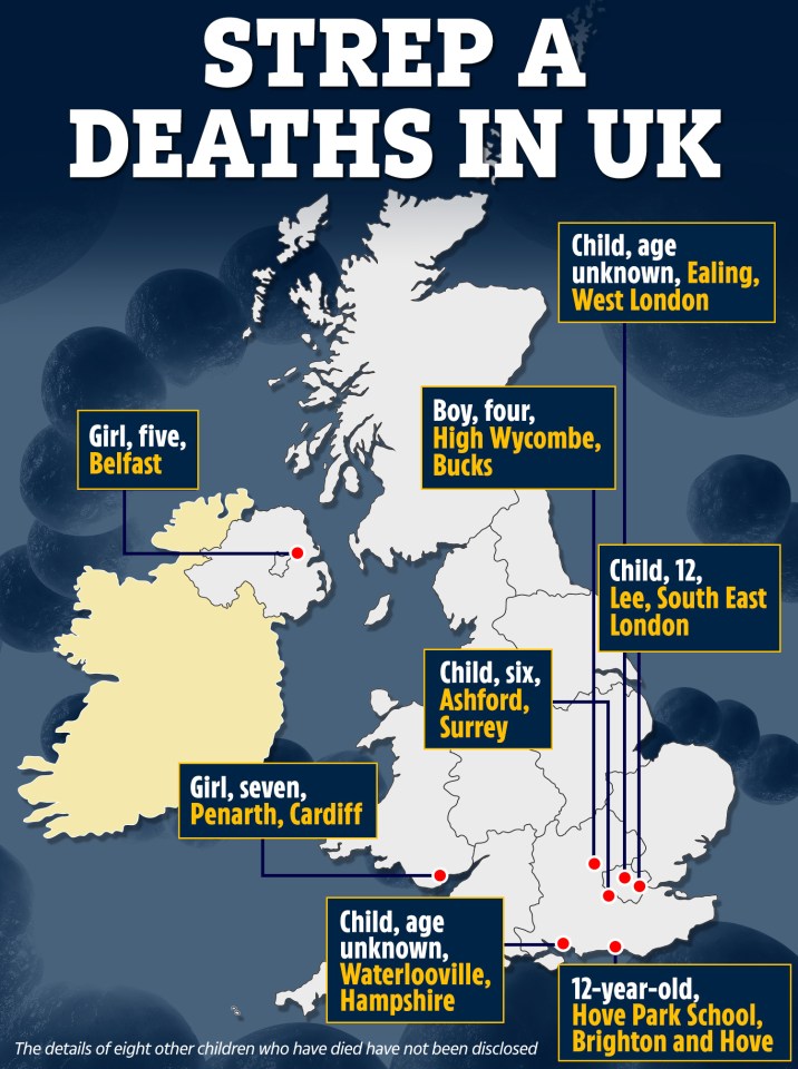 The map above shows the areas where Strep A deaths have occurred in the UK