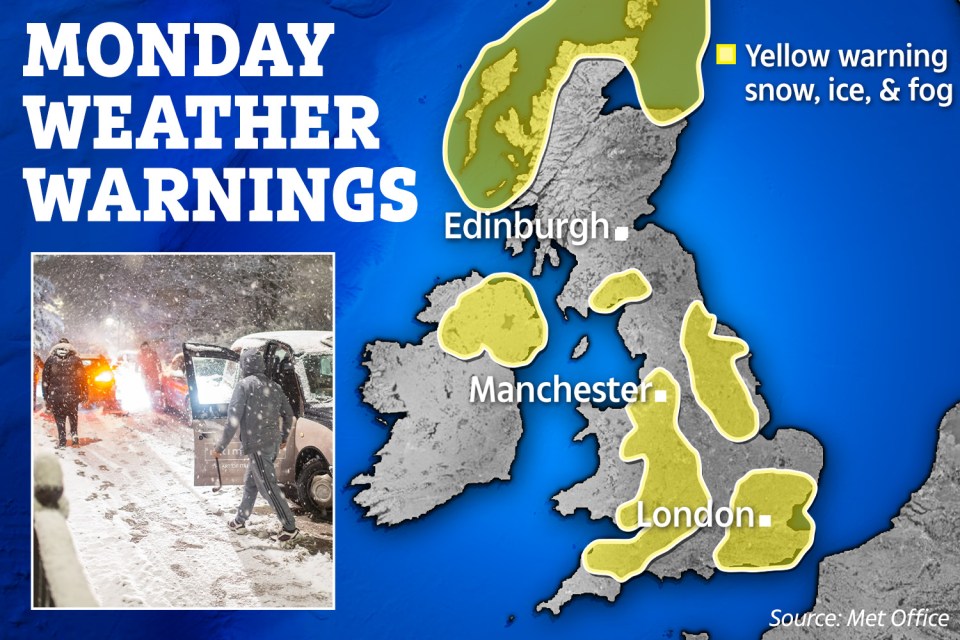 The Met Office issued yellow weather warnings for snow, ice and fog on Monday as snow brought Britain to a standstill