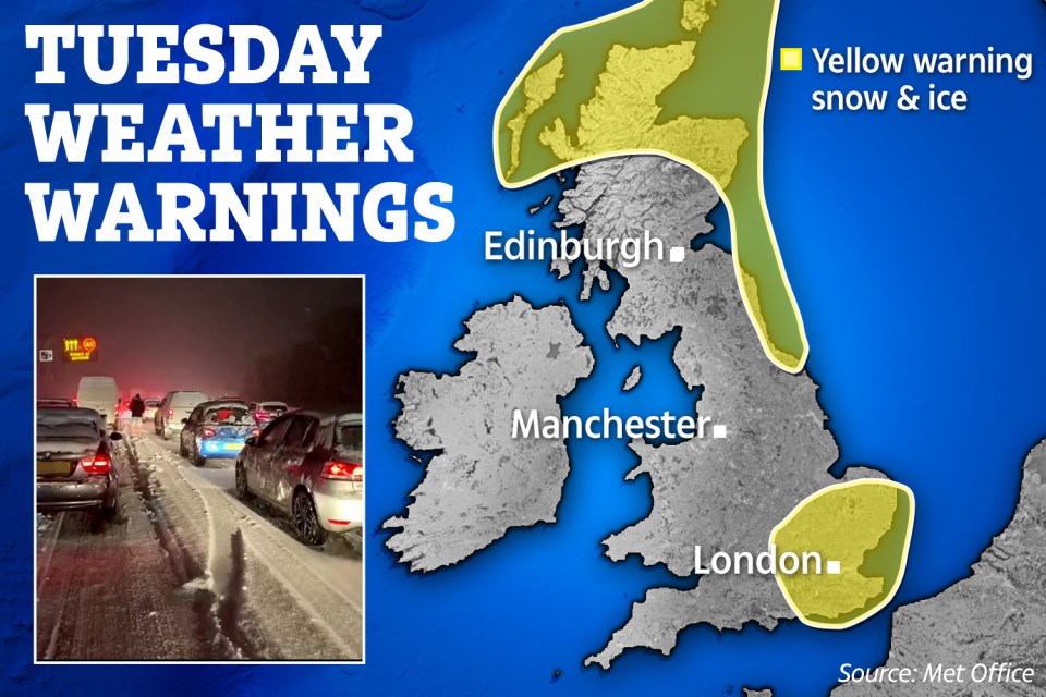 Yellow weather warnings for snow and ice will remain in place through Tuesday as snow freezes the nation