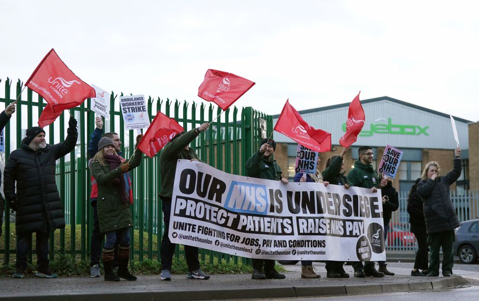 Unite members were seen outside ambulance headquarters in Coventry this morning