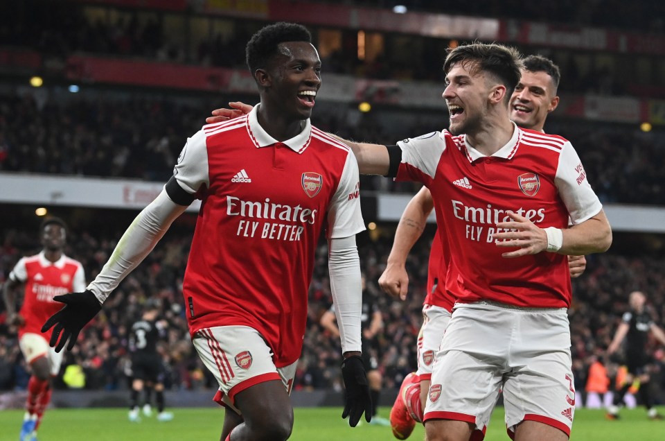 Eddie Nketiah celebrated making it 3-1 at the Emirates