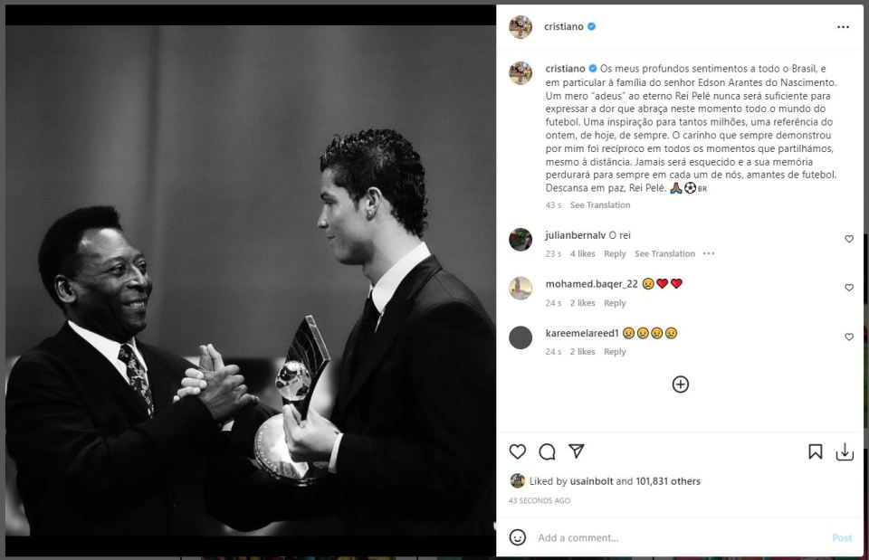 Cristiano Ronaldo posted his tribute to Pele