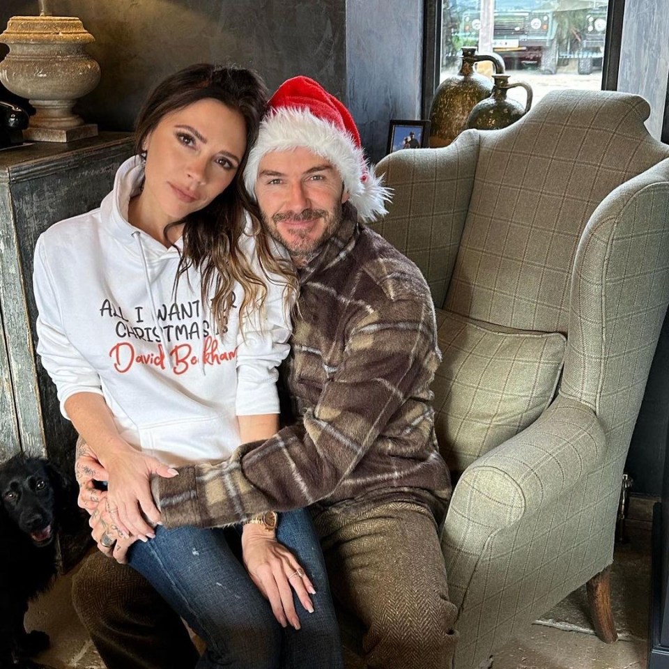 Victoria Beckham wore a festive jumper that read: 'All I want for Christmas is David Beckham'