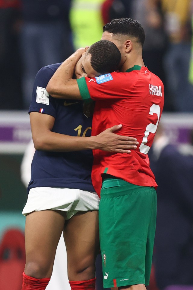 French player Kylian Mbappé consolled Moroccan player Achraf Hakimi after their World Cup defeat