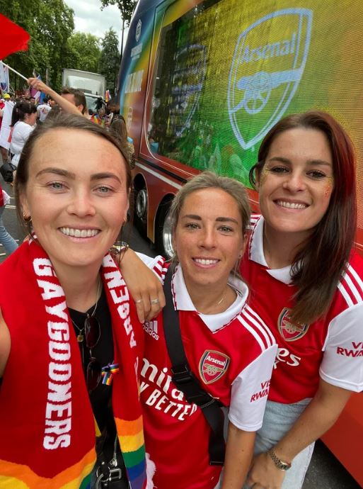 Jen Beattie, far right, on the Gay Gooners bus at Pride in London