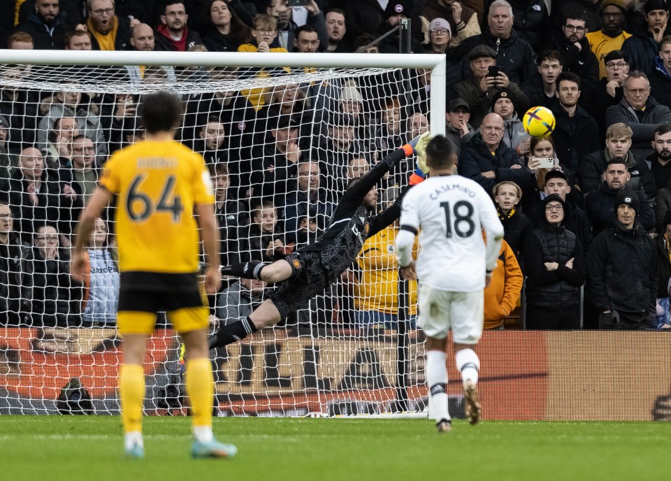 David De Gea made a flying save to deny Ruben Neves